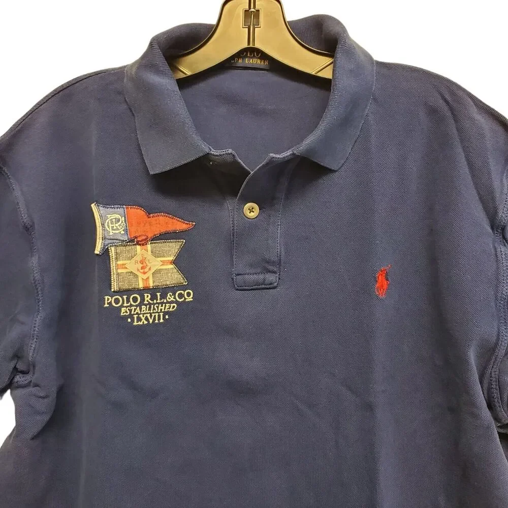 RALPH LAUREN POLO Shirt Mens Large Blue Embroidered Logo Patch Casual Preppy